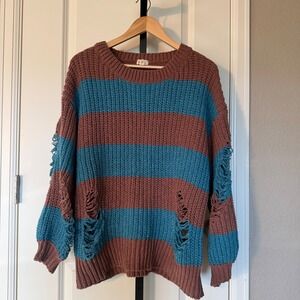 POL Distressed Striped Oversized Chunky Knit Sweater Brown Teal Womens S